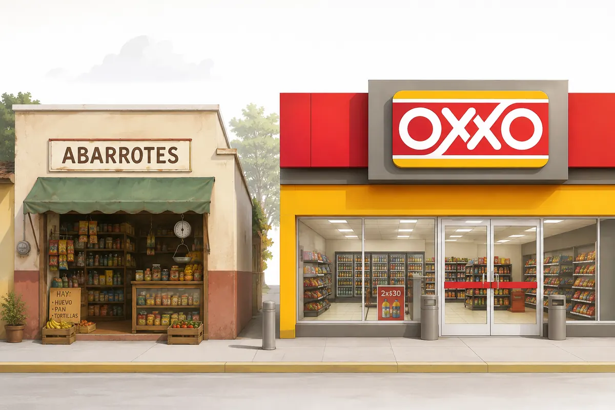Ilustración comparativa entre una tienda de abarrotes tradicional y una tienda OXXO como ejemplo de sistematización operativa.